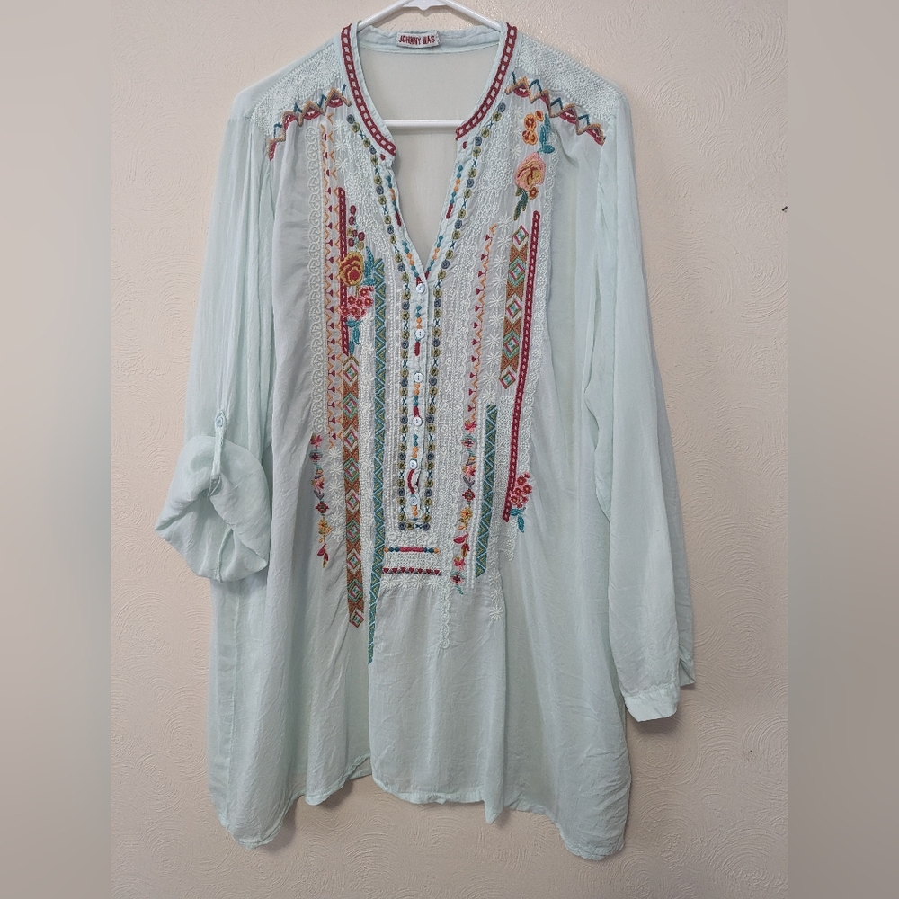 Johnny Was 2X embroidered sheer tunic